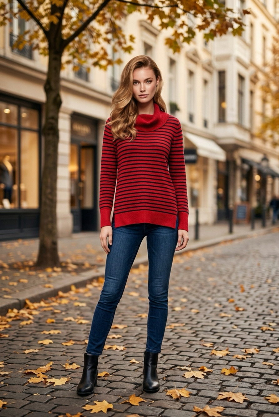 Lauren Ralph Lauren Cowl Neck Striped Sweater Size PL Red Black Wool Blend